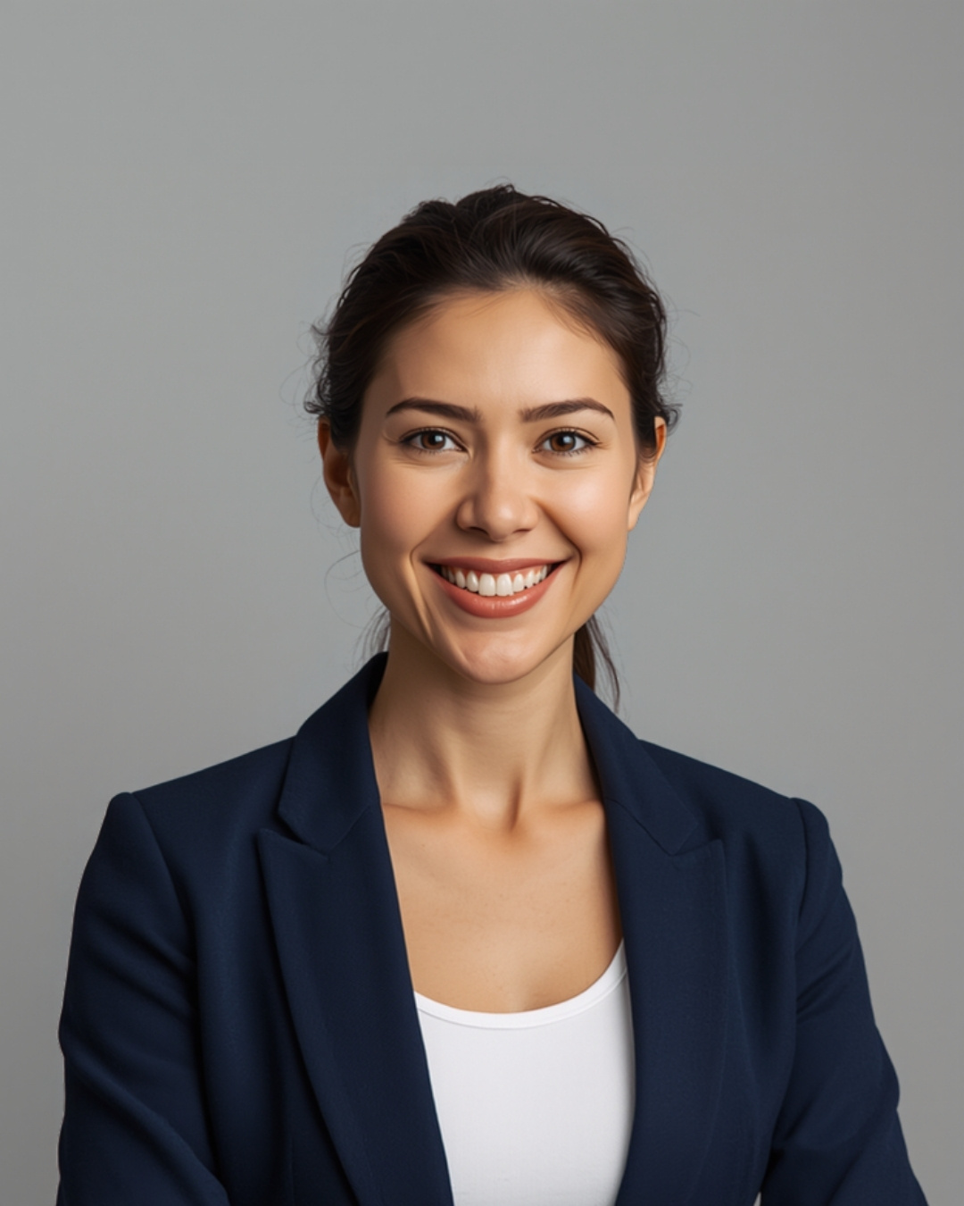 Hyperrealistic AI avatar: executive woman in a navy blazer