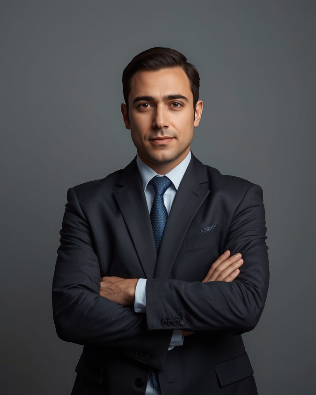 Hyperrealistic AI avatar: executive in a grey suit